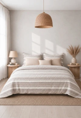 A bedroom dressed in Sarom striped bedding and sheer curtains
